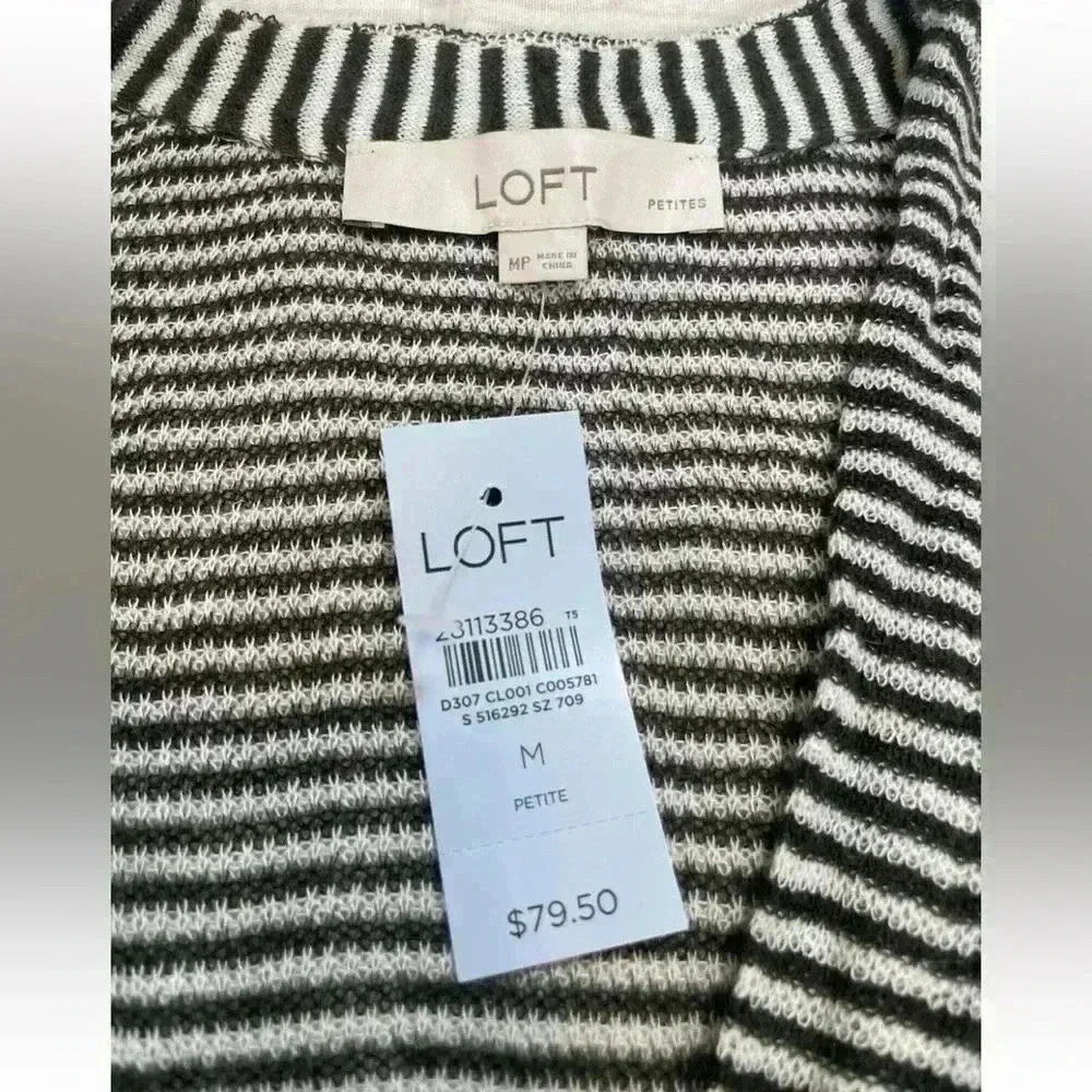 NEW LOFT Maxi Cardigan‎ Women Size M Petite Green Striped Long Sleeve Knit Light